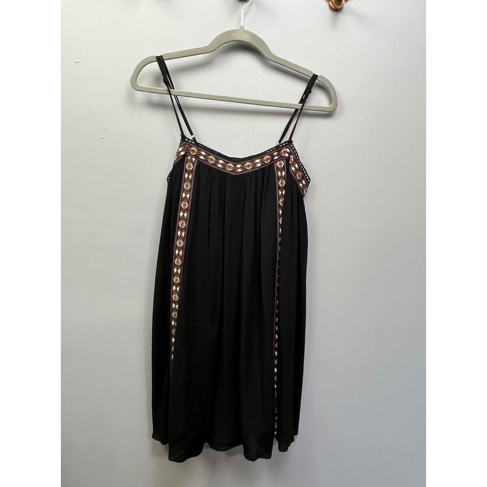 Entro Dress Womens Small Black Boho Embroidered Gauze Babydoll Mini Spaghetti